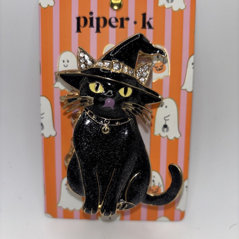 Piper K Black Cat Witch Hair Claw Clip Metal Enamel Crystal Halloween Kitsch NWT